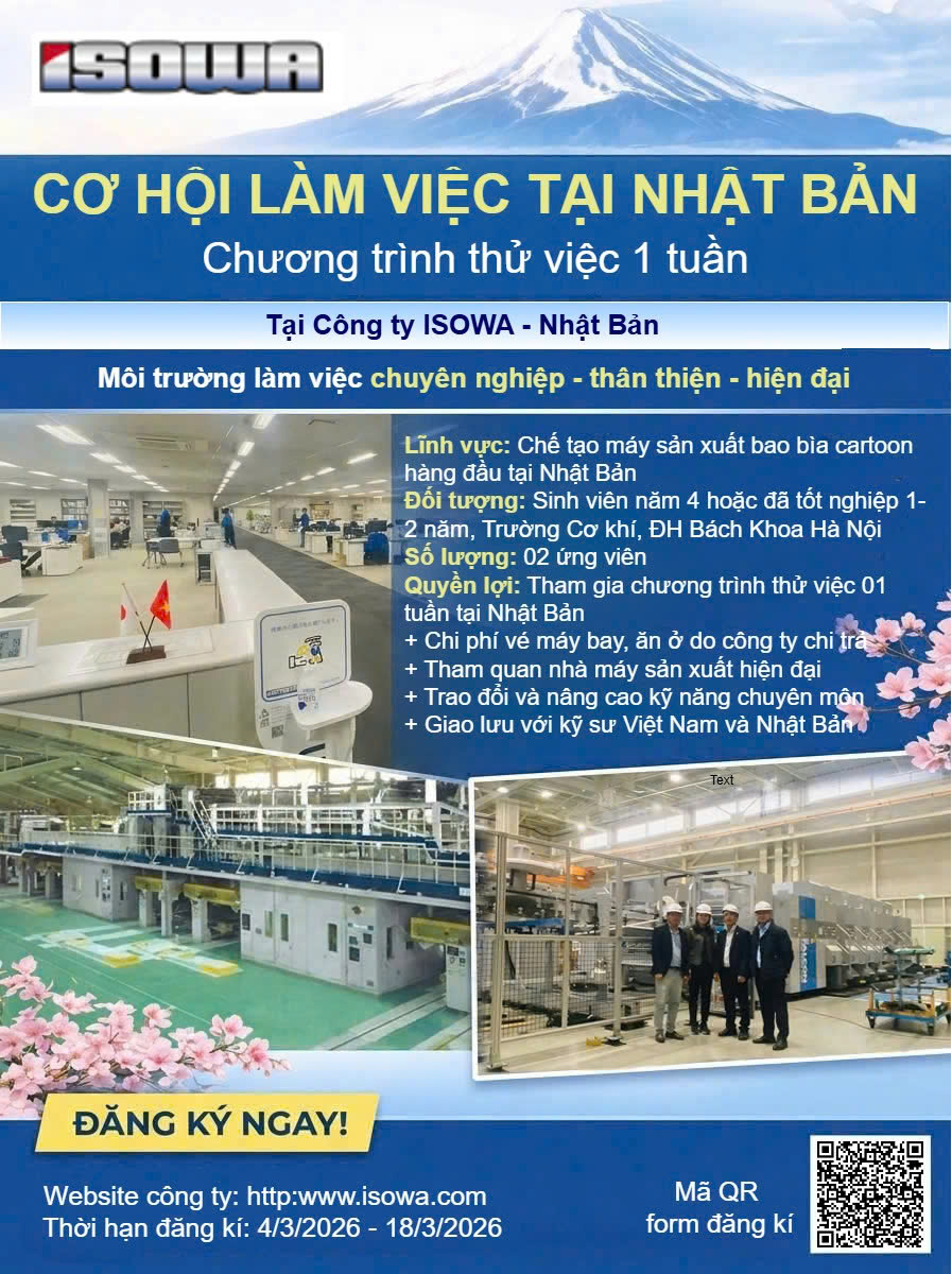Thông tin tuyển dụng và thử việc 1 tuần tại công ty ISOWA - Nhật Bản