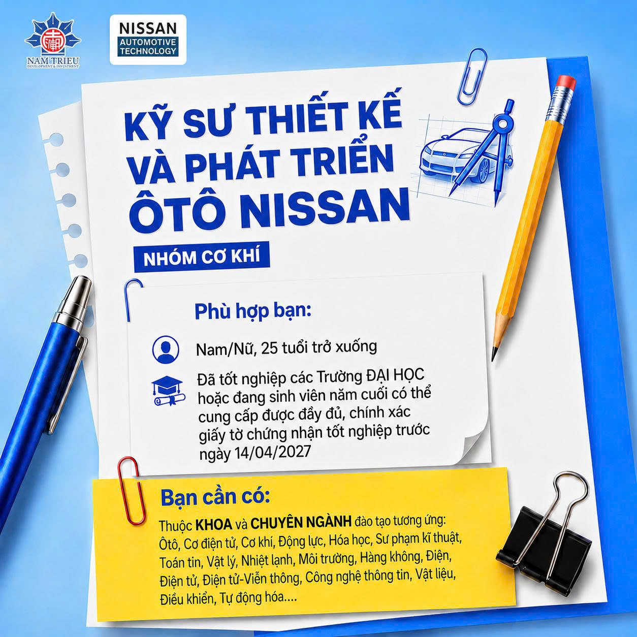 TUYỂN DỤNG: NHÓM CƠ KHÍ - KỸ SƯ THIẾT KẾ VÀ PHÁT TRIỂN Ô TÔ NISSAN